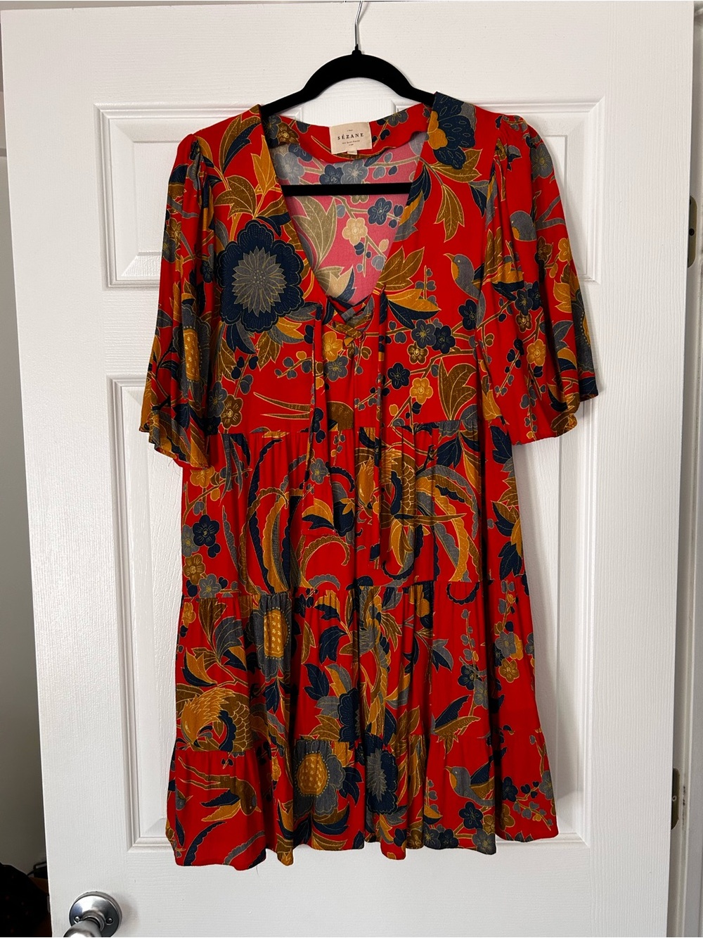 Sezane Red Floral Tiered Mini Dress with Navy & Mustard Print